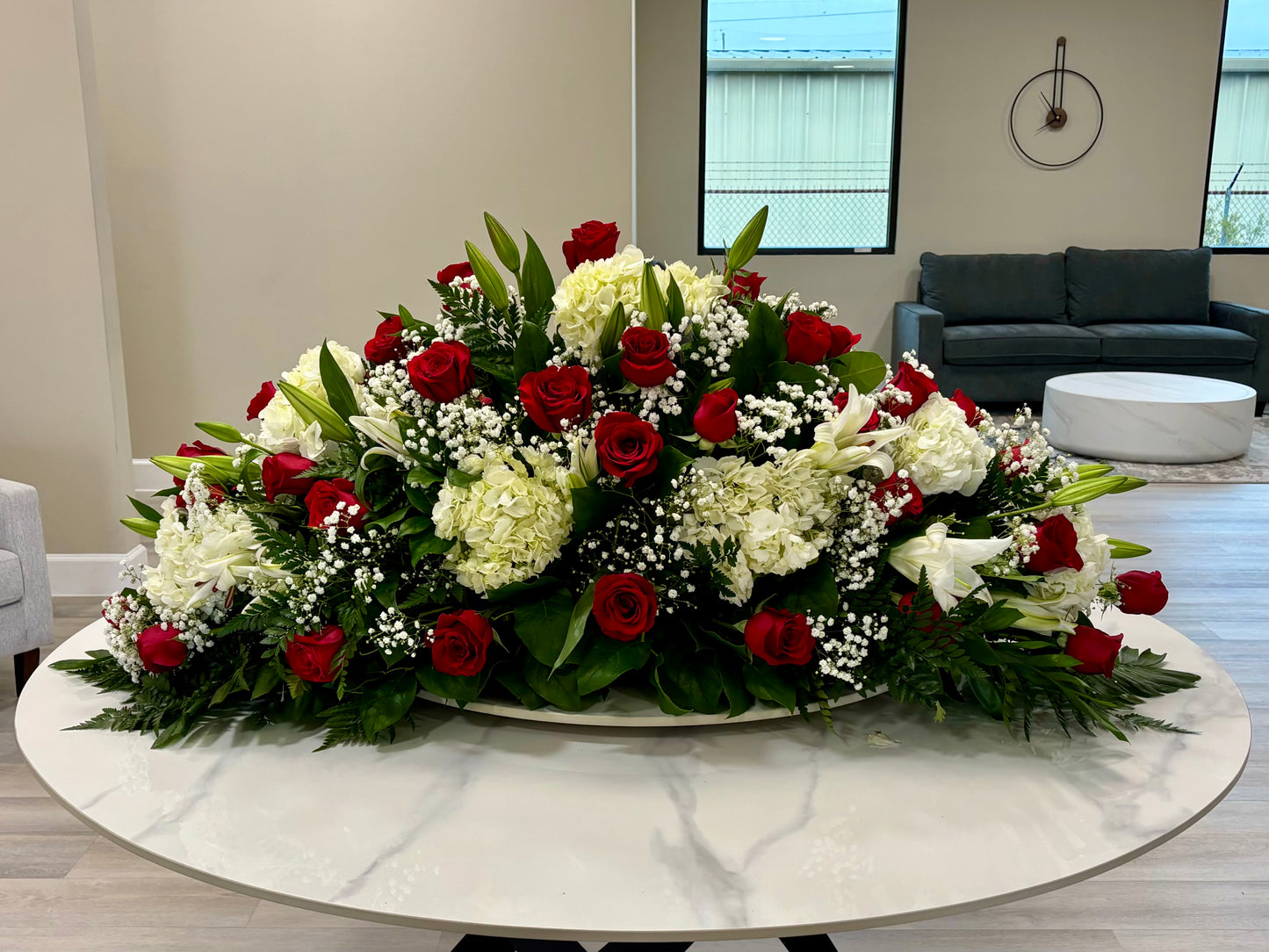 Elegant Large Funeral Casket Spray – Red Roses, White Lilies & Hydrangeas