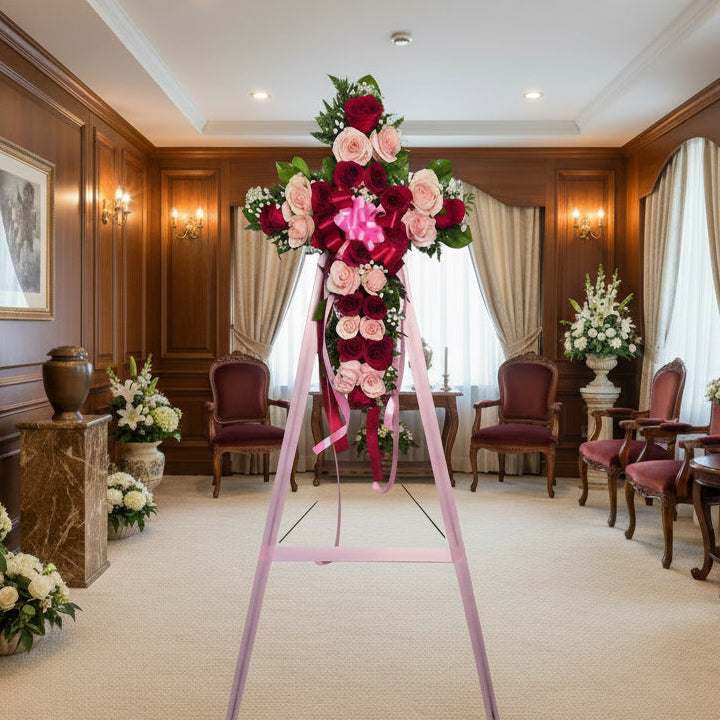 Pink & Red Rose Funeral Cross