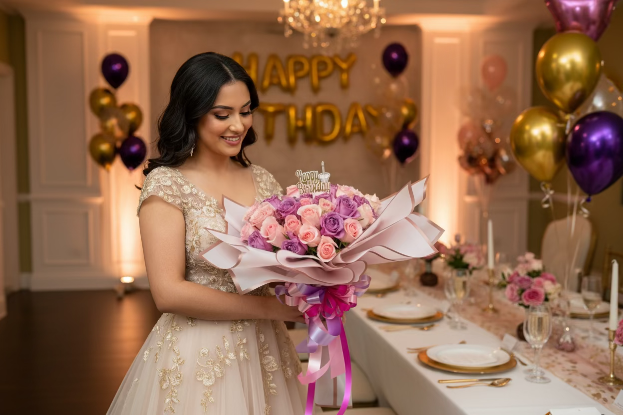 Birthday bouquet with lavender roses blush pink roses and elegant wrap for Houston flower delivery