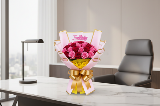 Birthday pink and red rose bouquet with elegant wrap for Houston flower delivery