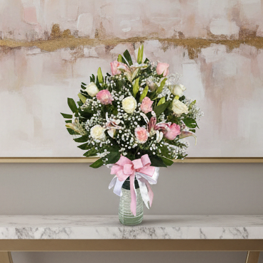 Birthday rose lily vase arrangement with pink roses white roses and balloon for Houston flower delivery