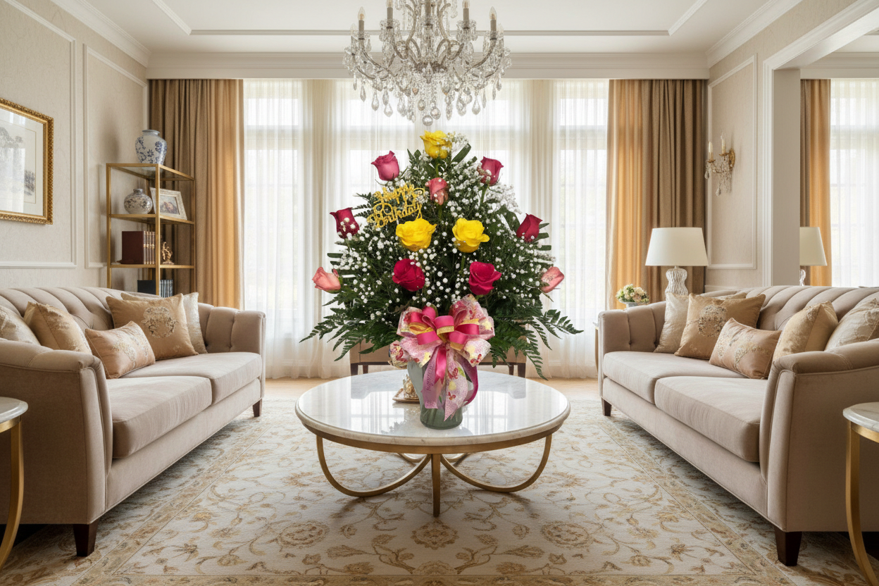 Birthday flower arrangement with yellow and pink roses baby breath and ribbon for Houston flower delivery