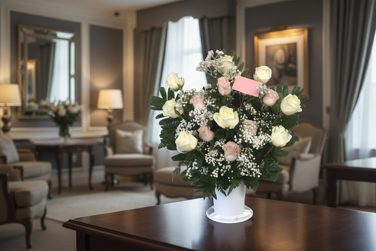 Blush and white rose flower arrangement with baby breath and greenery for Houston delivery