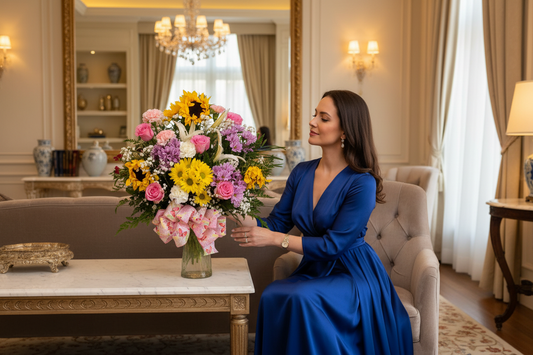 Celebration garden vase flowers with roses lilies seasonal blooms and ribbon in Houston