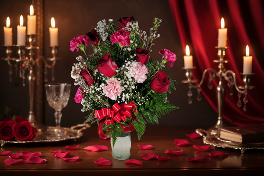Elegant red and pink vase arrangement with roses carnations and baby breath in Houston