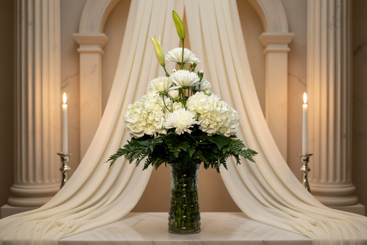 Elegant white flower vase arrangement with hydrangeas lilies and mums in Houston