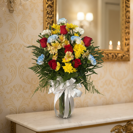 Everyday colorful flower arrangement with roses mums carnations and fresh greenery in Houston