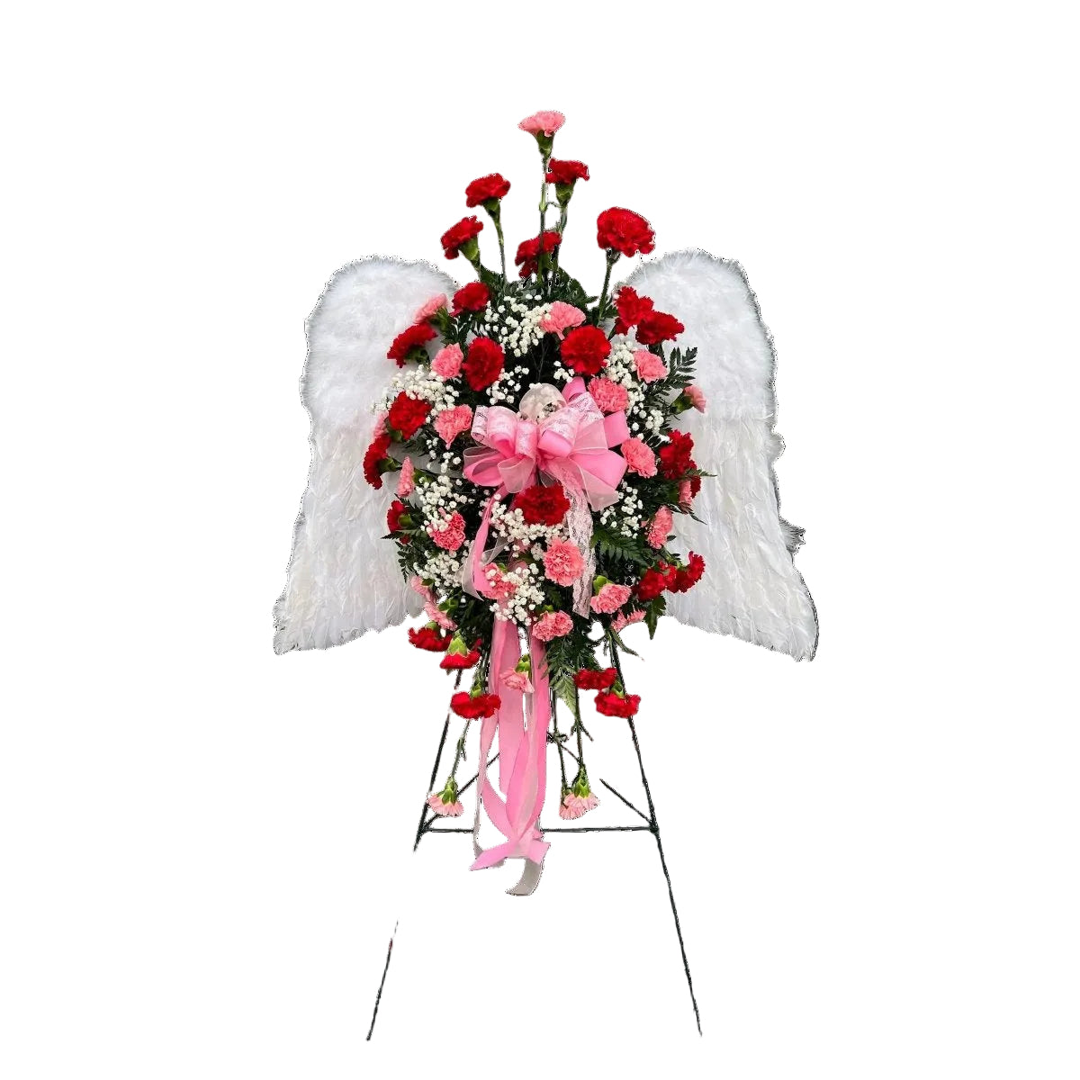 Pink and red angel wings sympathy spray with carnations baby breath and ribbon by Houston florist