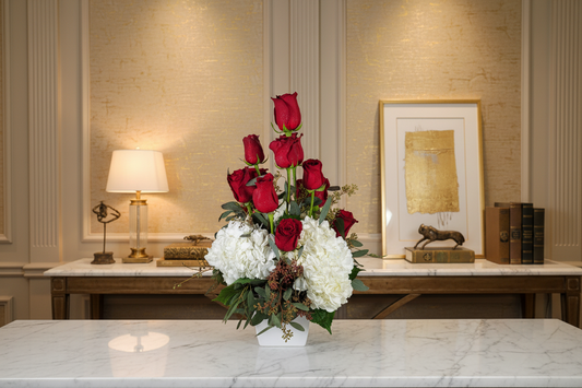 Red Rose & White Hydrangea Arrangement