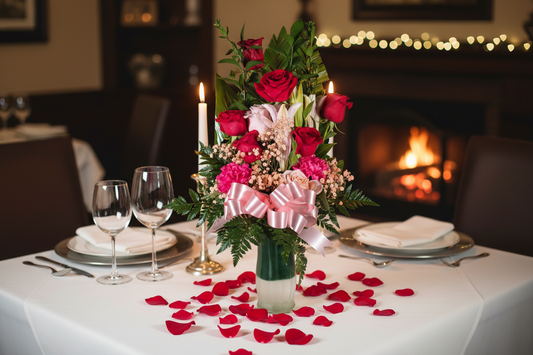 Romantic pink and red flower arrangement with roses lilies and fresh greenery for Houston delivery
