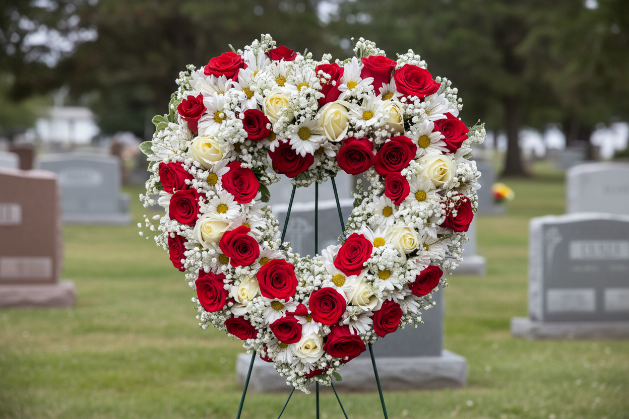 Standing red and white heart sympathy wreath with roses white flowers and baby breath in Houston