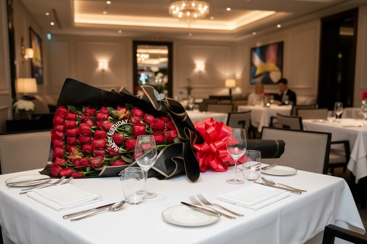 Statement red rose bouquet with premium wrap large bow and birthday topper in Houston