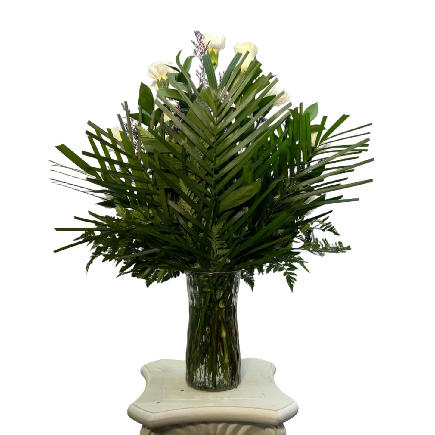 White and lavender floral vase arrangement with white carnations, white roses, fresh greenery, and satin ribbon in Houston