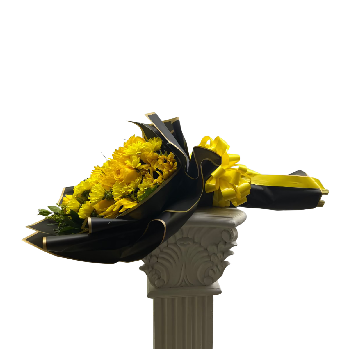 Yellow flower bouquet in premium black wrap by Houston florist