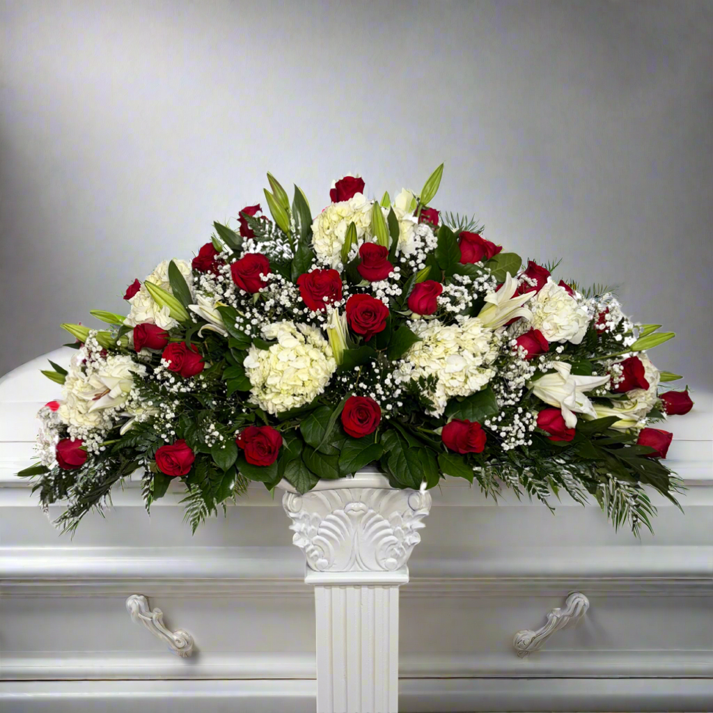 Elegant Large Funeral Casket Spray – Red Roses, White Lilies & Hydrangeas