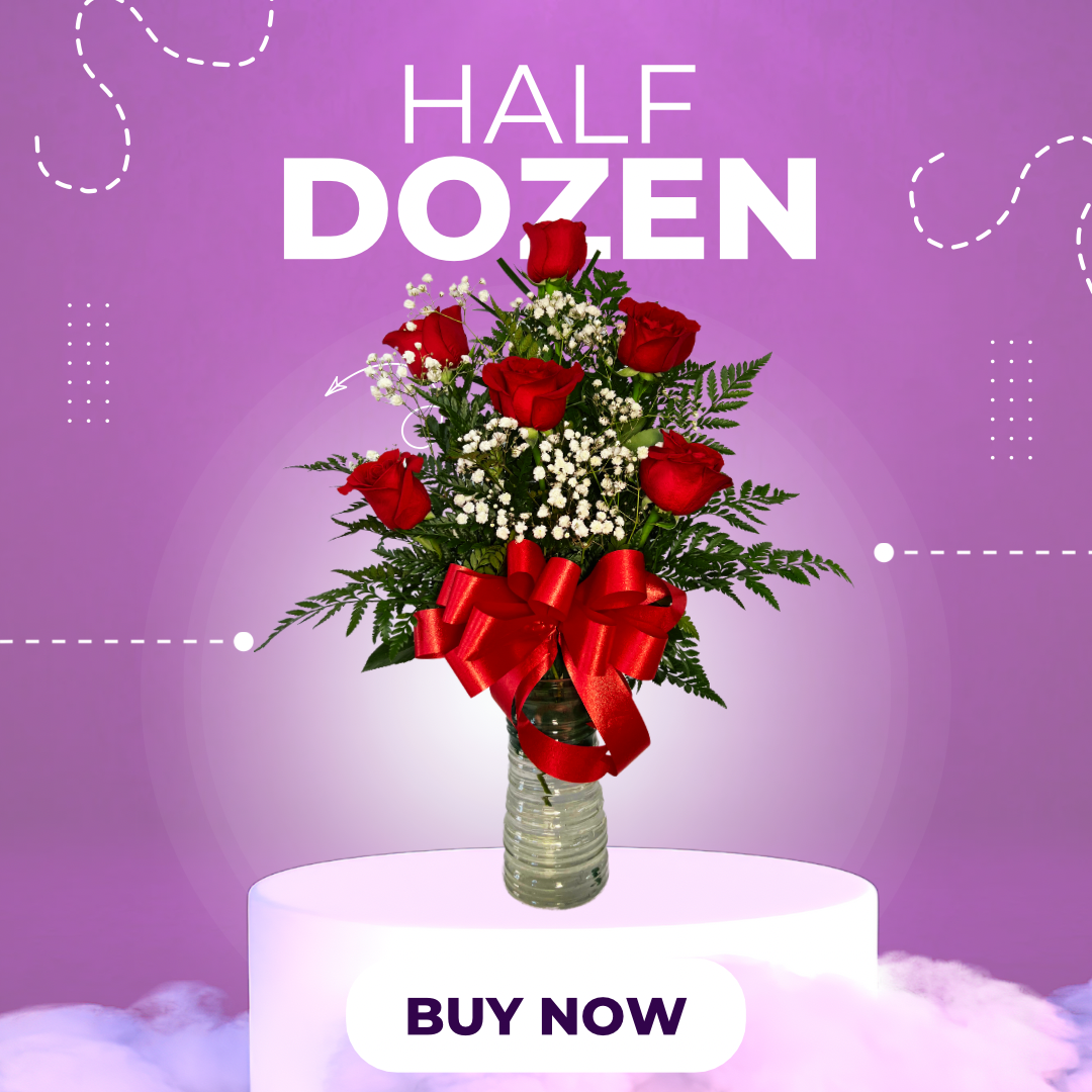 Half Dozen Red Roses in Elegant Glass Vase – Romantic Floral Arrangement