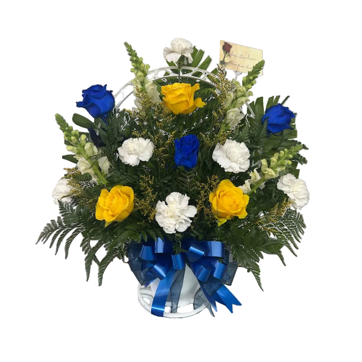 Funeral flower basket with blue roses yellow roses white carnations and fresh greenery in Houston