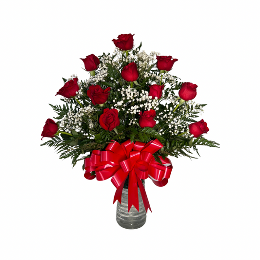 Dozen Red Roses in Elegant Glass Vase – Classic Romantic Bouquet