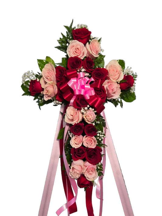 Elegant pink and red rose funeral cross spray on standing easel for sympathy and memorial service - Houston Delivery - Flowers Near Me