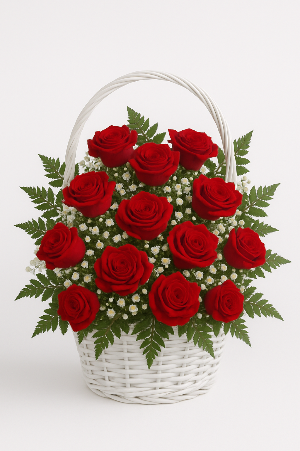 Red or White Rose Basket Arrangement with Baby’s Breath & Leather Leaf – Elegant Floral Gift