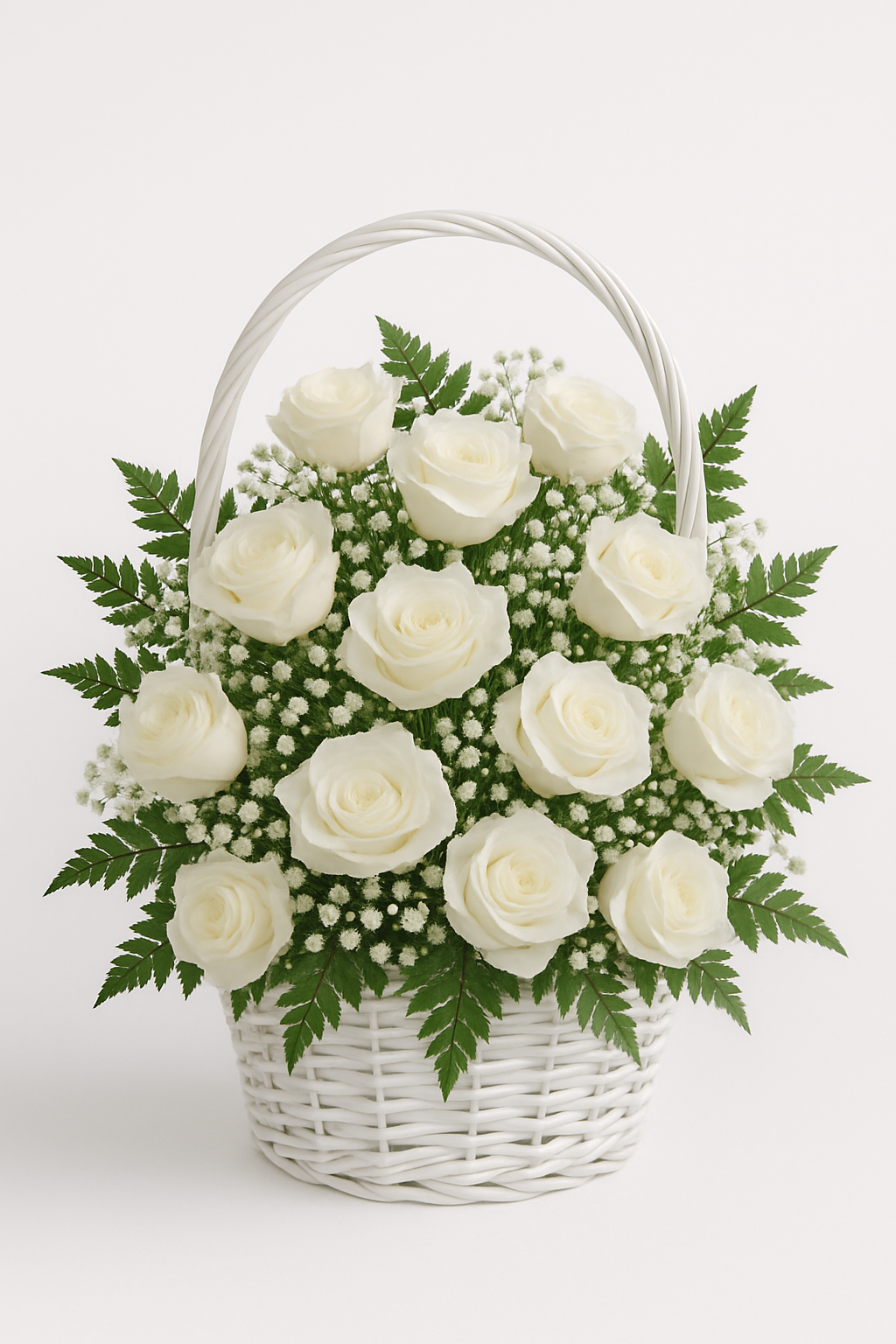 Red or White Rose Basket Arrangement with Baby’s Breath & Leather Leaf – Elegant Floral Gift