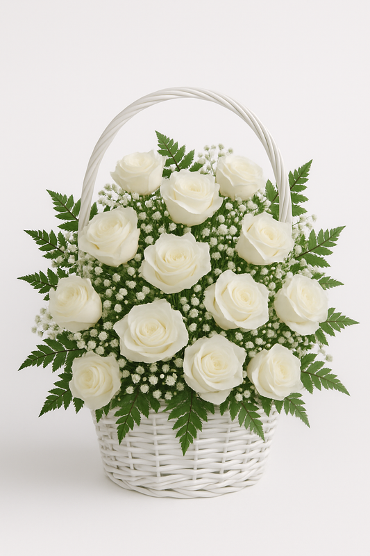 Red or White Rose Basket Arrangement with Baby’s Breath & Leather Leaf – Elegant Floral Gift