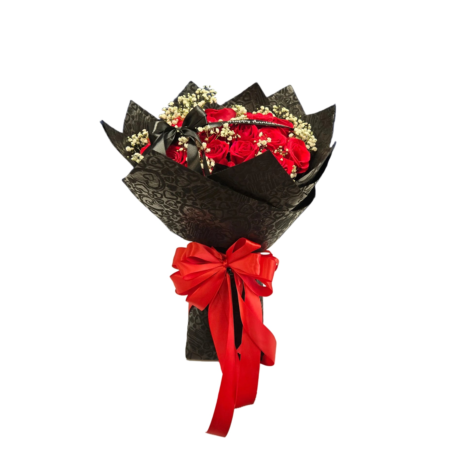 Happy Anniversary red rose bouquet with baby’s breath in luxury black wrapping Houston Texas Delivery