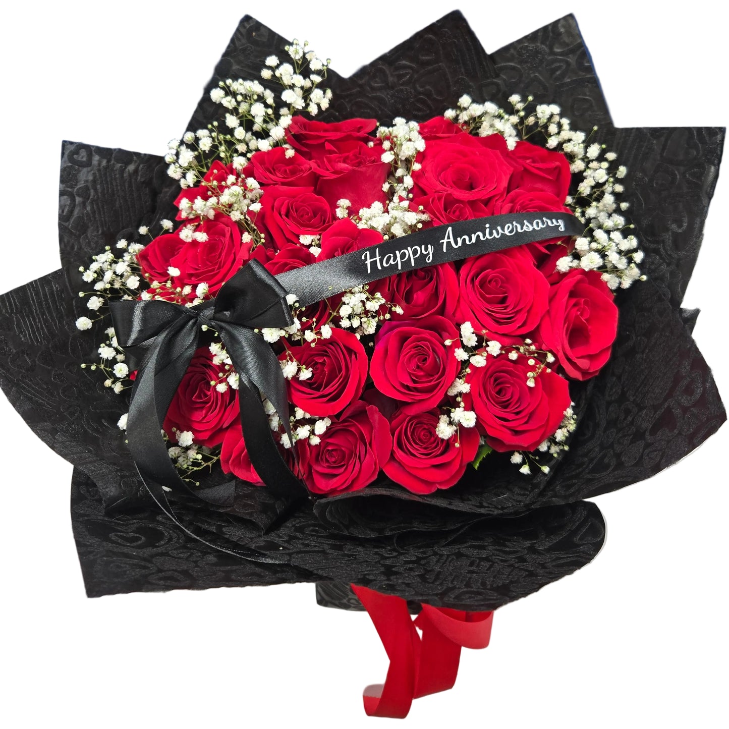 Houston Texas Delivery - Luxury anniversary bouquet with red roses, baby’s breath, black wrap, and red satin bow
