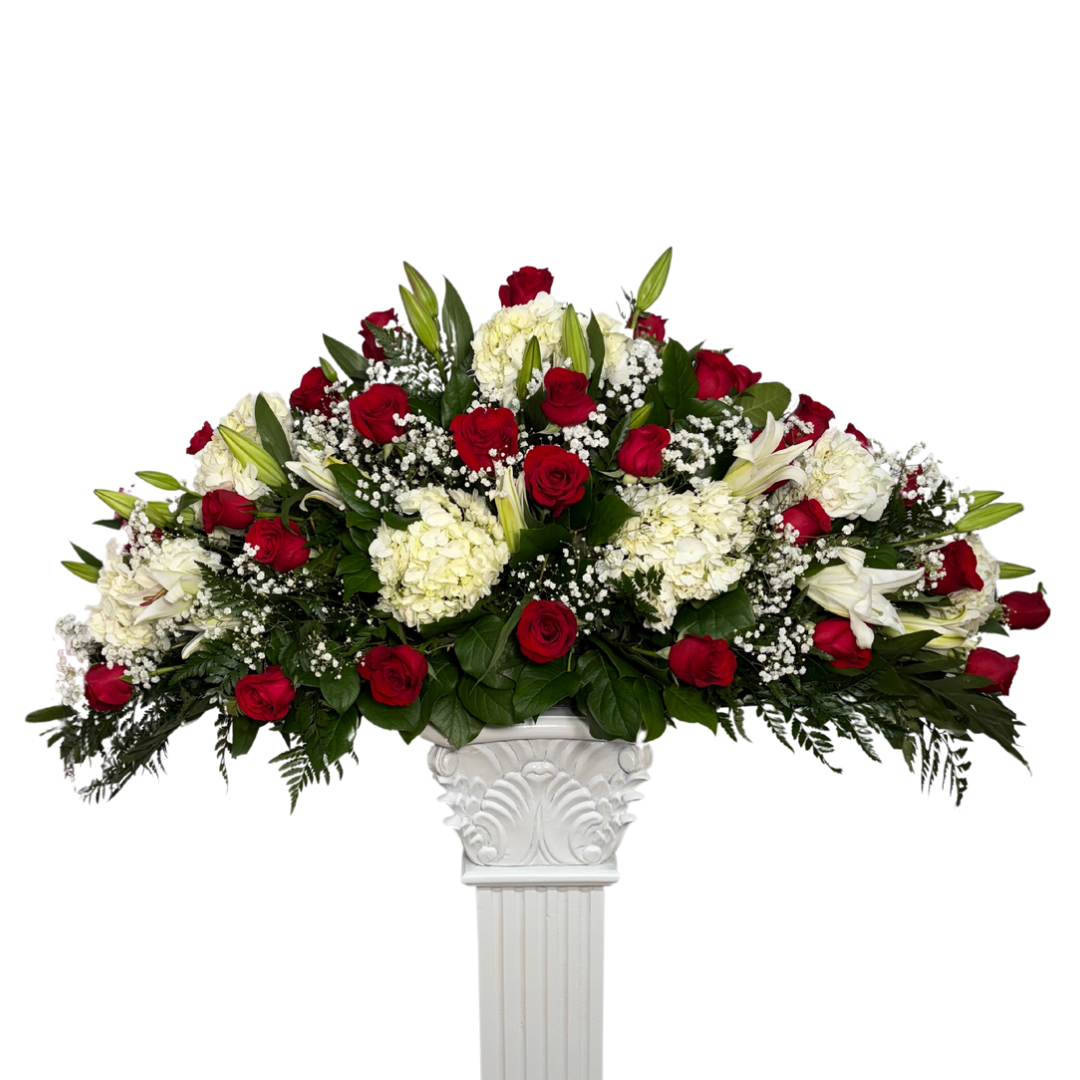Elegant Large Funeral Casket Spray – Red Roses, White Lilies & Hydrangeas