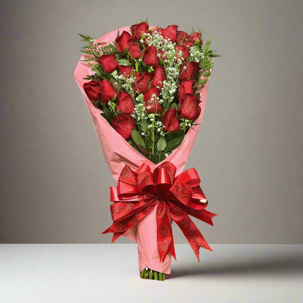 Bouquet of red roses wrapped in pink paper with a red bow on a white background