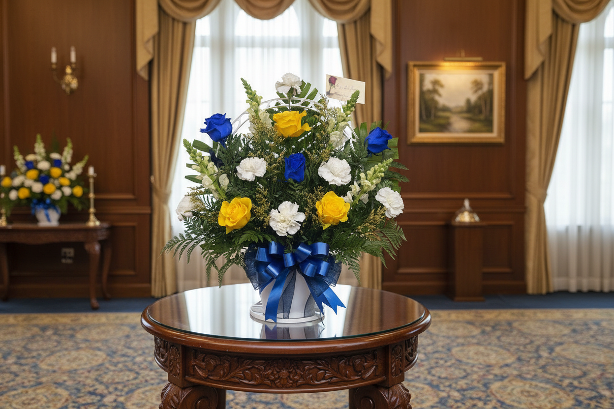 Elegant blue and yellow funeral flower basket with white carnations and ribbon accents
