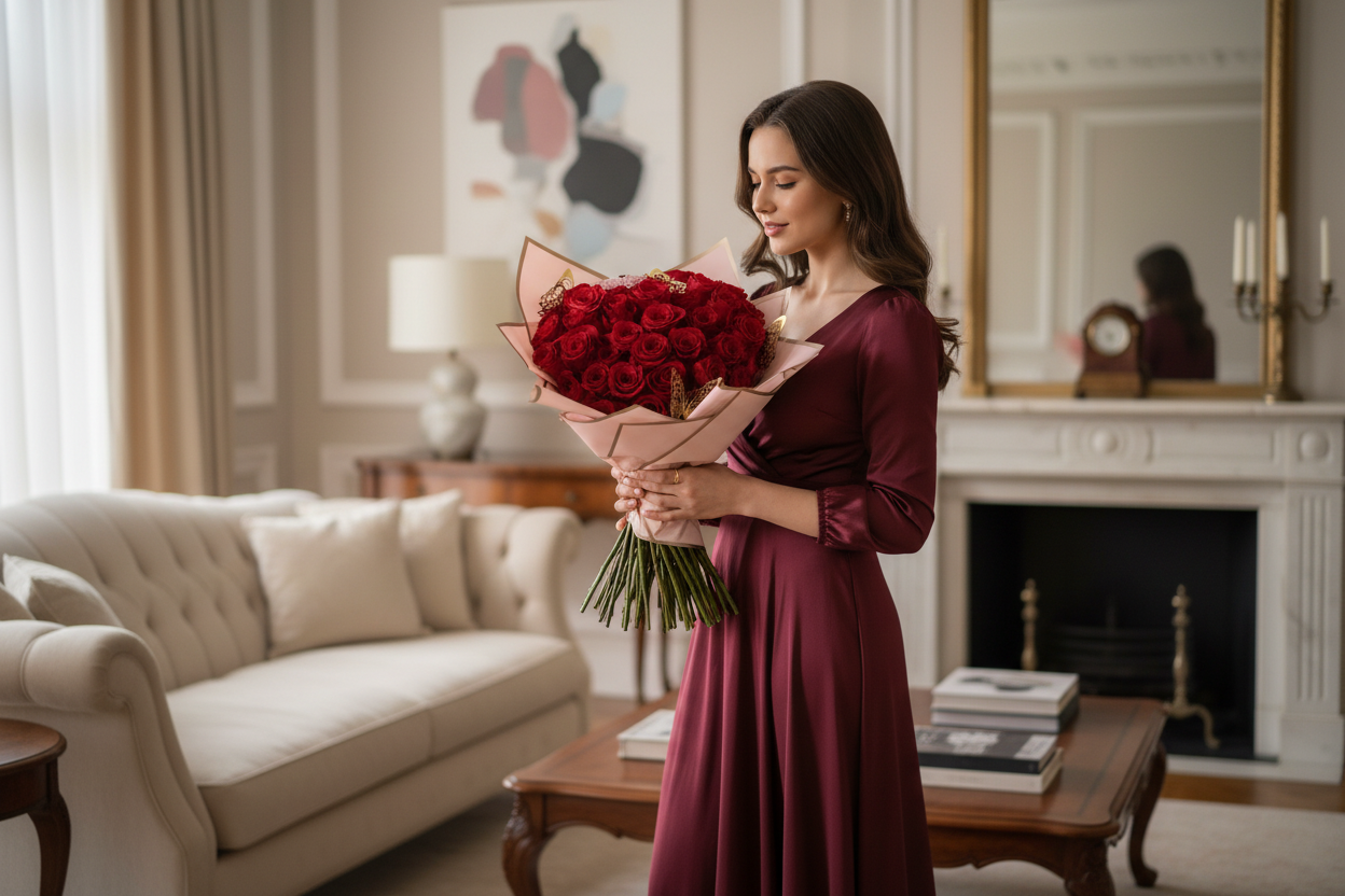 Anniversary red rose bouquet with luxury wrap for Houston flower delivery