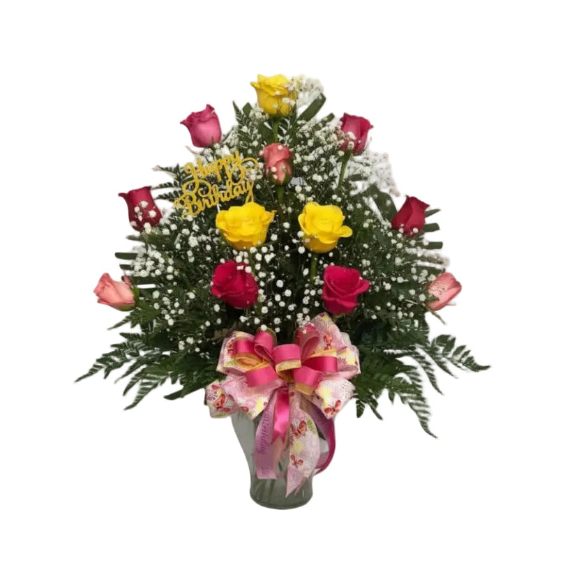 Birthday Celebration Rose Arrangement with yellow roses pink roses baby breath and festive ribbon by Houston florist