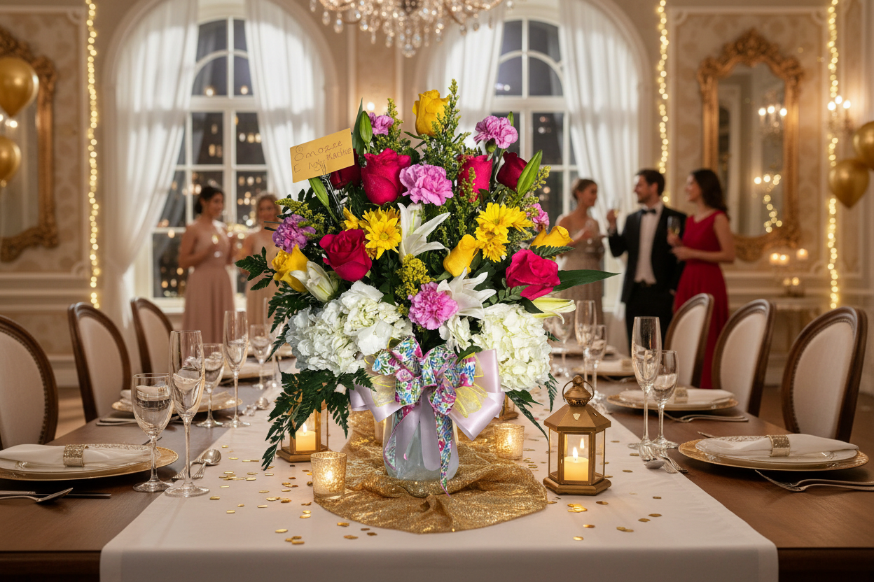 Birthday flower arrangement with hydrangeas roses lilies carnations and decorative ribbon in Houston