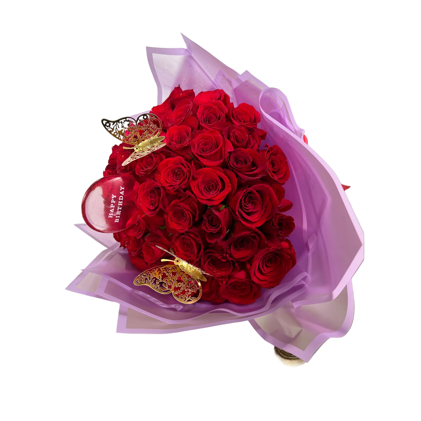 Birthday red rose bouquet with premium red roses lavender wrap butterfly accents and birthday topper by Houston florist