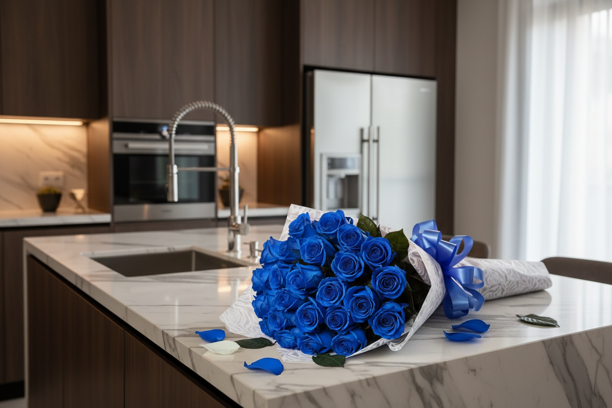 Blue flowers for him bouquet with royal blue roses and elegant ribbon in Houston
