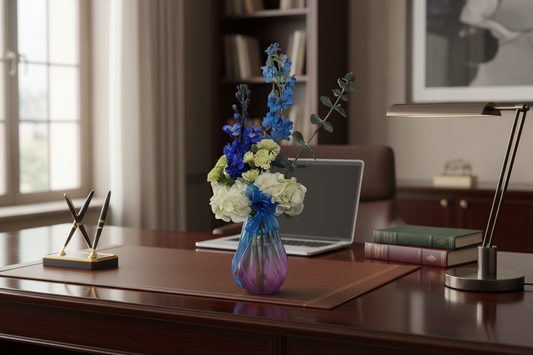 Blue and white hydrangea flower arrangement with delphinium and eucalyptus for Houston flower delivery