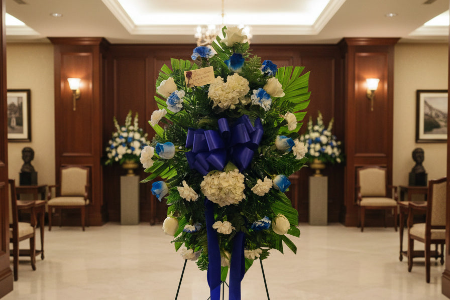 blue and white standing spray for funeral flowers in Houston