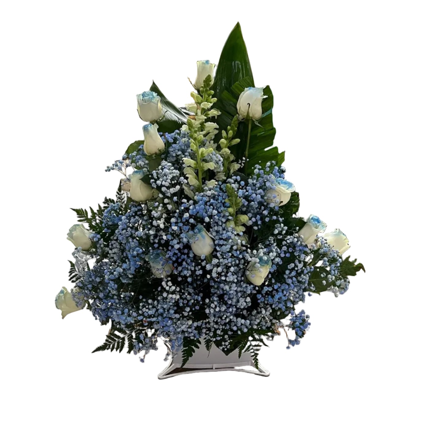 Blue and white sympathy basket arrangement with white roses blue baby breath and fresh greenery by Houston florist