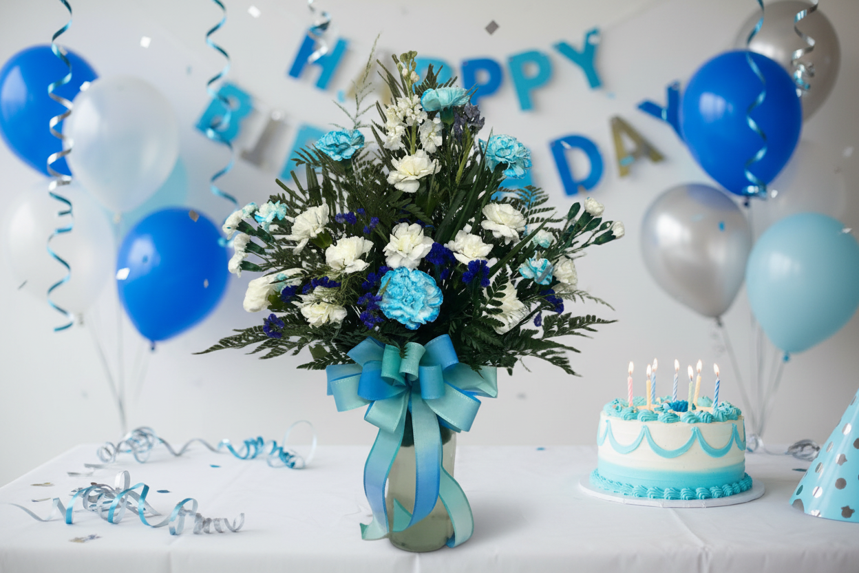 Blue and white vase arrangement with carnations and greenery for Houston flower delivery