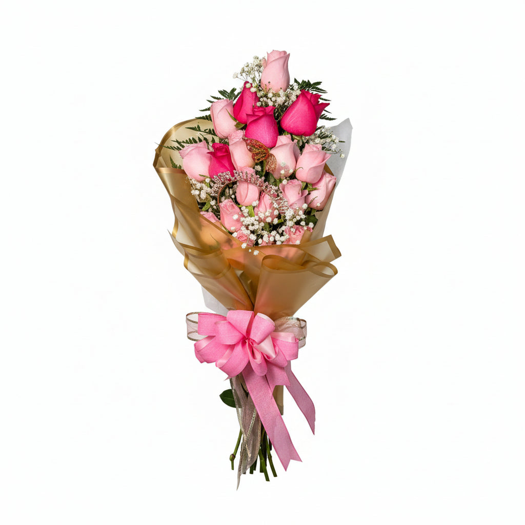 Blush and hot pink rose bouquet with baby breath, elegant wrap and satin ribbon by Houston florist