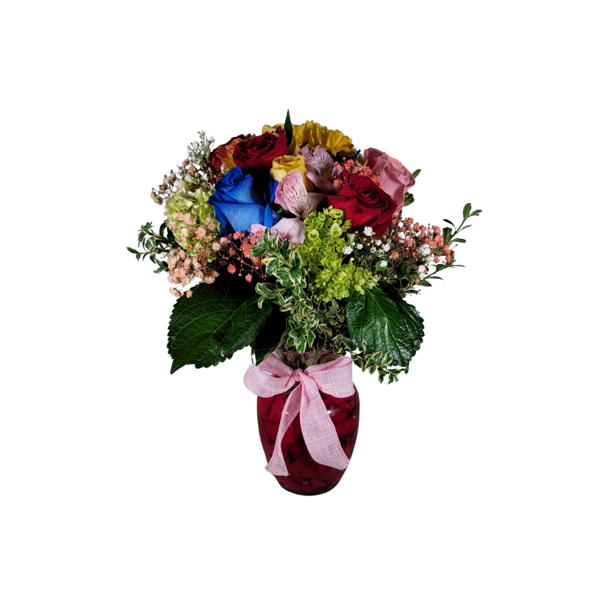 Bright celebration vase arrangement with colorful roses hydrangea alstroemeria and fresh greenery by Houston florist