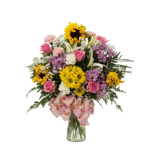 Bright garden party flowers in vase with mixed blooms greenery and decorative ribbon in Houston