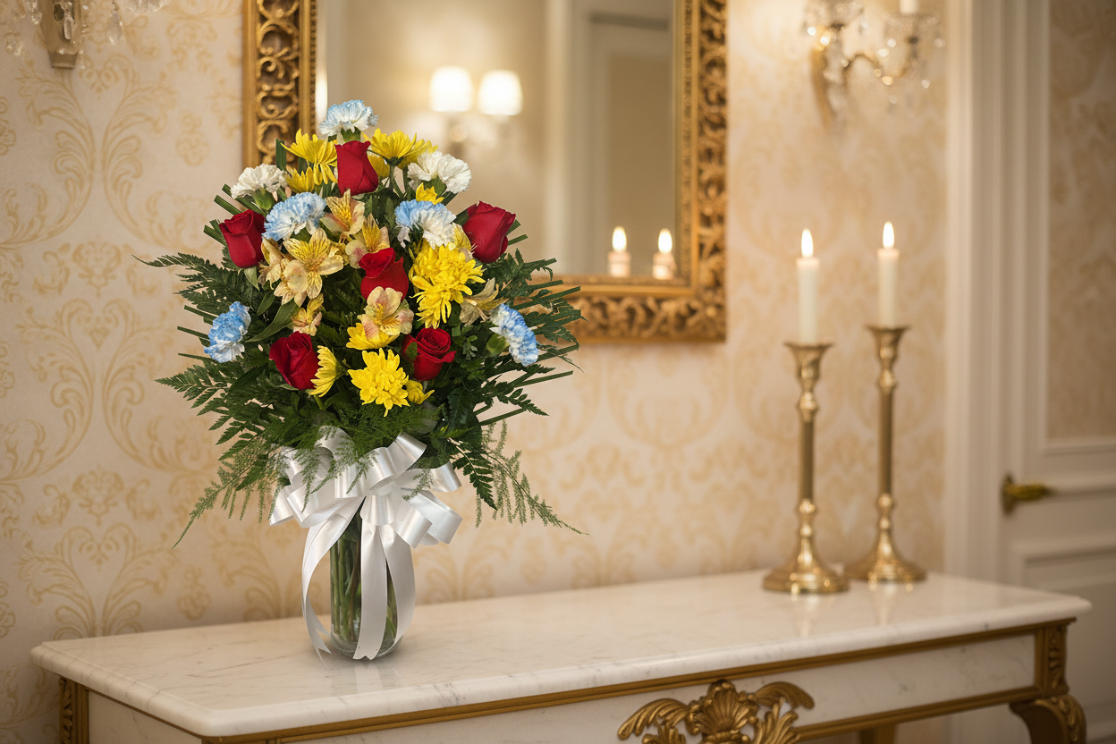 Bright mixed vase arrangement with colorful blooms greenery and ribbon in Houston