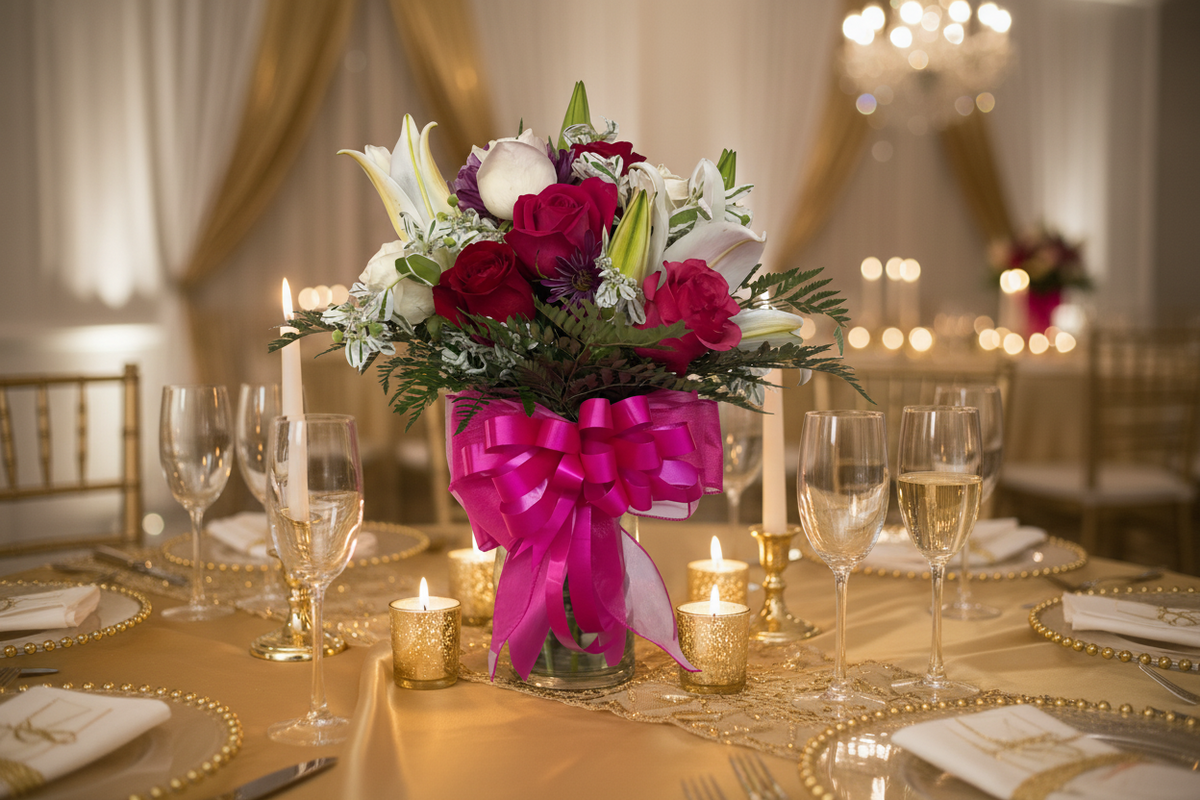 Bright pink flower vase arrangement with lilies roses and accent blooms for Houston flower delivery