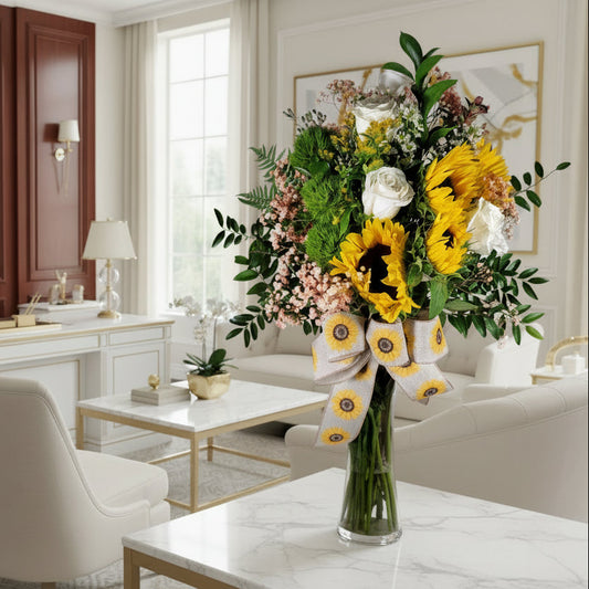 Bright sunflower flower arrangement with white roses greenery and decorative ribbon for Houston flower delivery