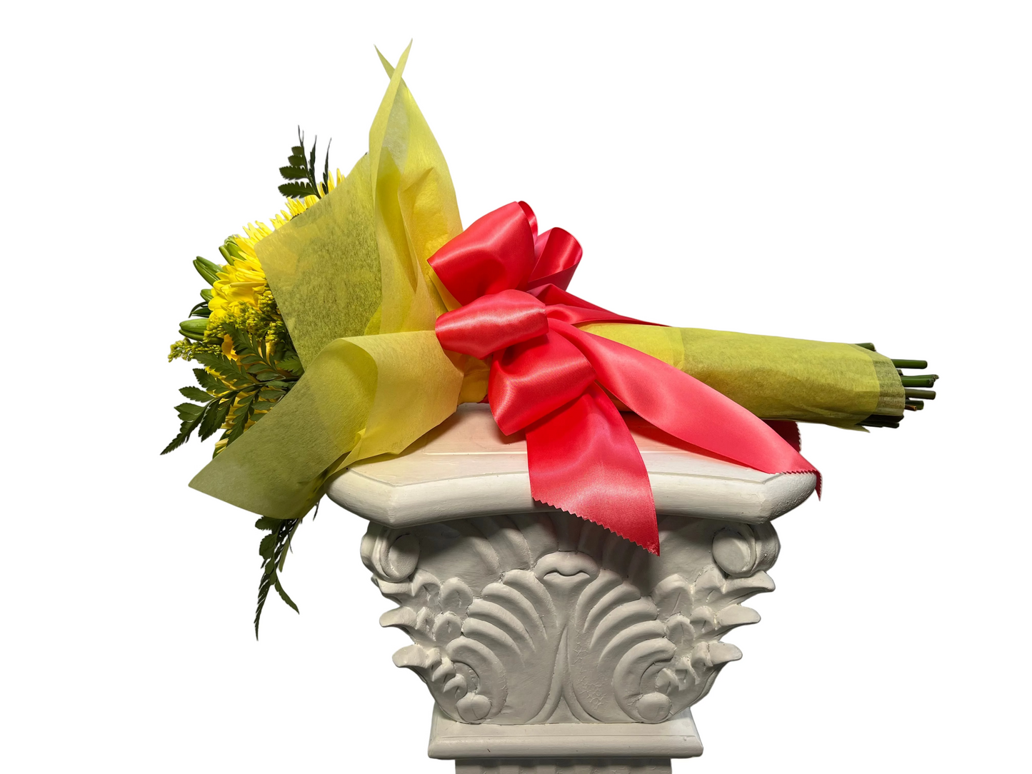 Bright yellow bouquet with roses, spider mums, and lily buds for Houston flower delivery