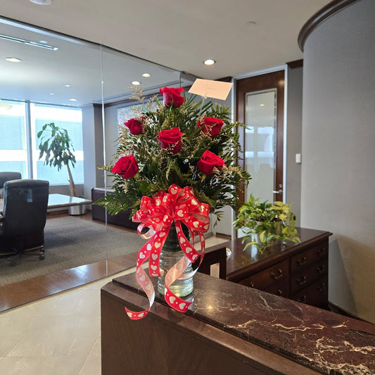 Classic half dozen red roses in clear glass vase for Houston flower delivery