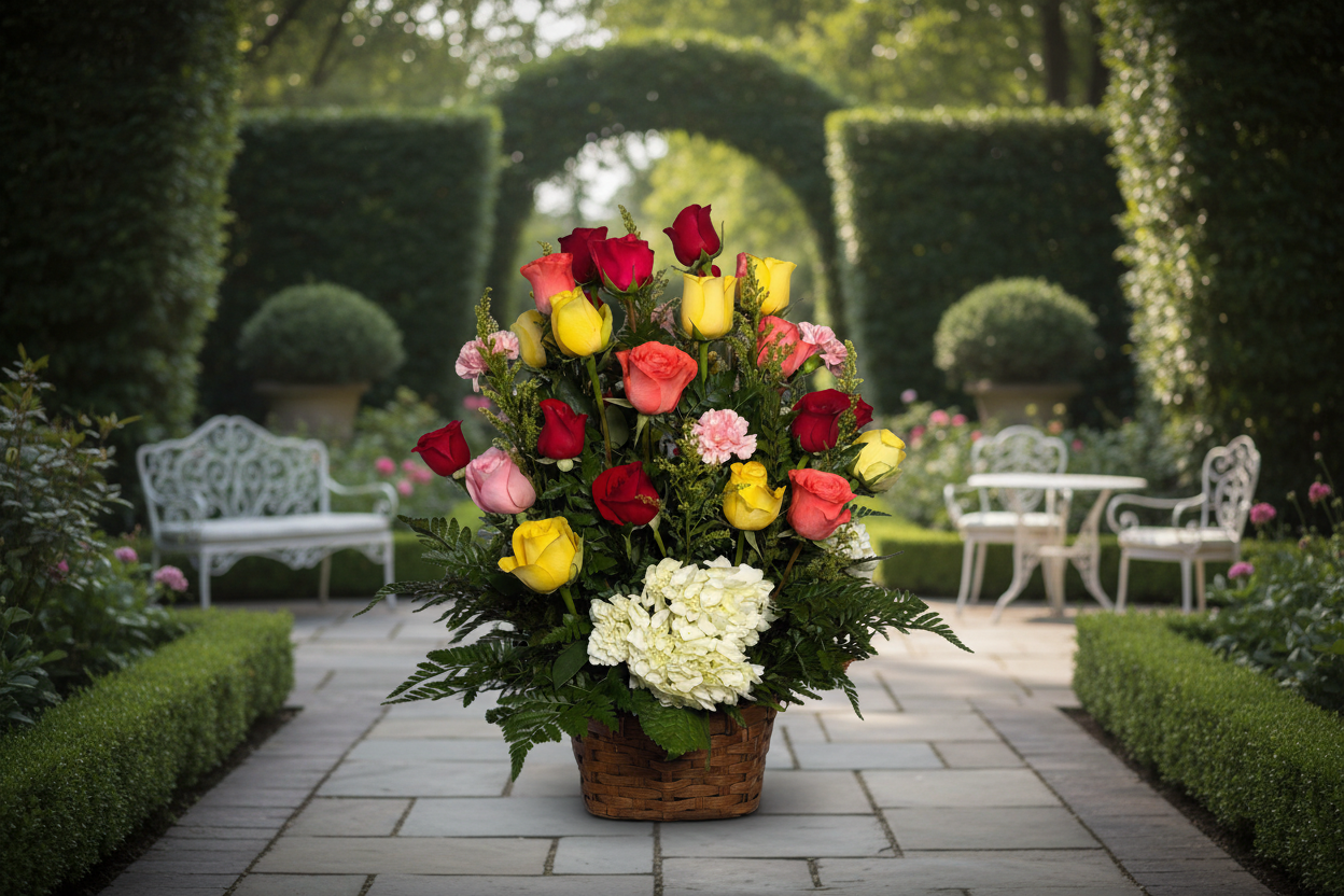 Colorful Rose & Hydrangea Basket Arrangement