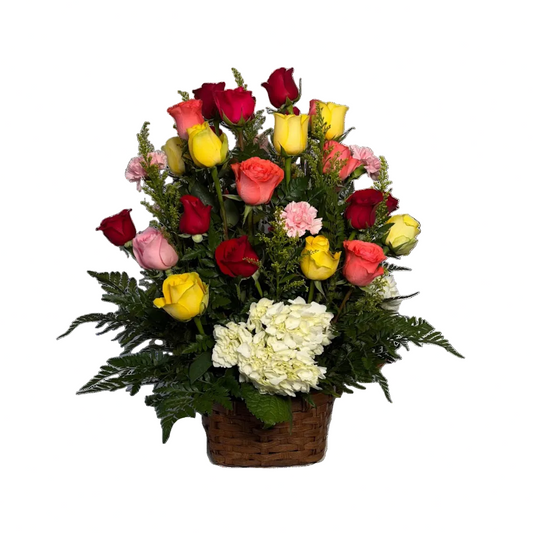 Colorful Rose & Hydrangea Basket Arrangement